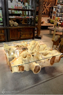 Teak root coffee table with glass top - Square 100cm - Bleached