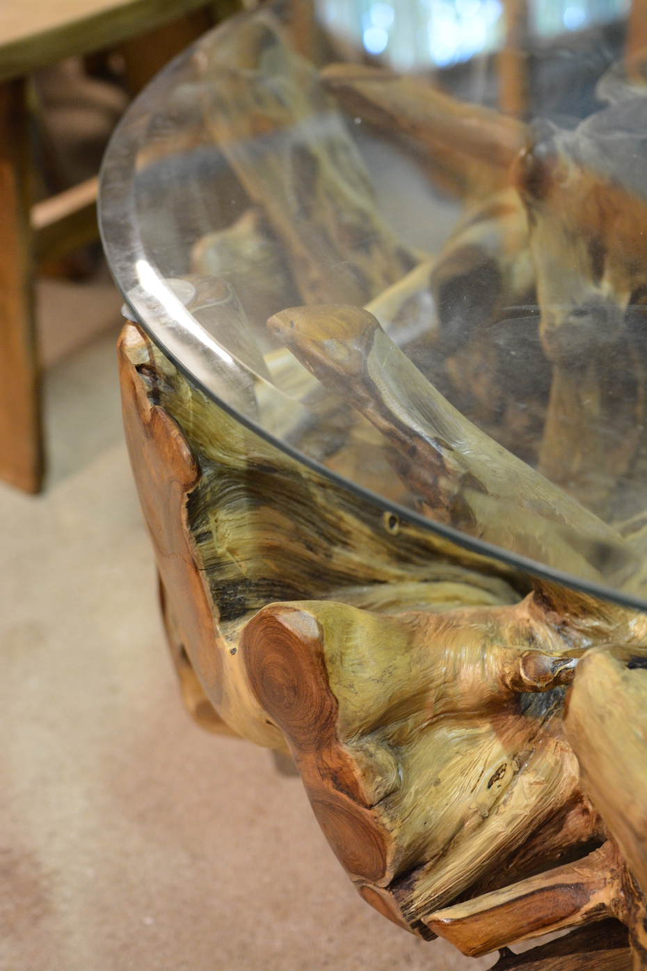 Teak root coffee table with glass top - Round 120cm ...