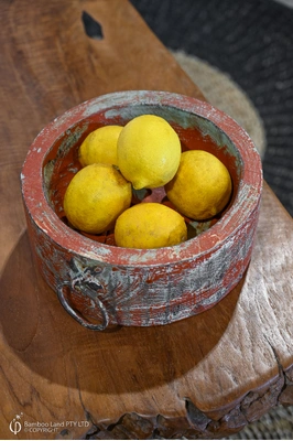 Antique wood bowl with iron handles - 25cm