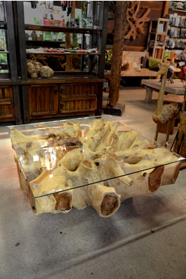 Teak root coffee table with glass top - Square 100cm - Natural