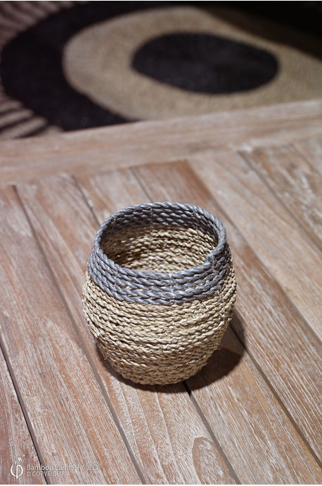 Round mini basket - Natural sea grass and grey rattan - Sml