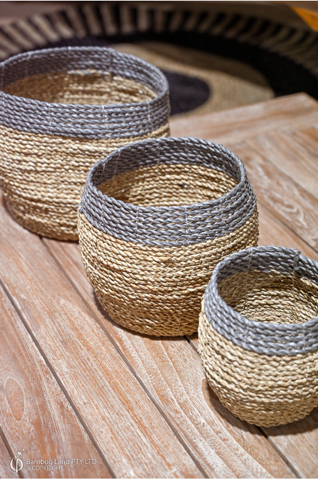 Round mini basket - Natural sea grass and grey rattan