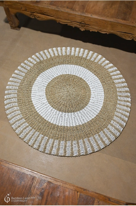 Handwoven round rug - Natural seagrass and white rattan - 150cm