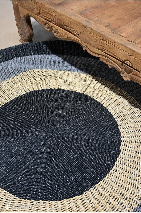 Handwoven round rug - Natural seagrass with grey and black rattan - 200cm