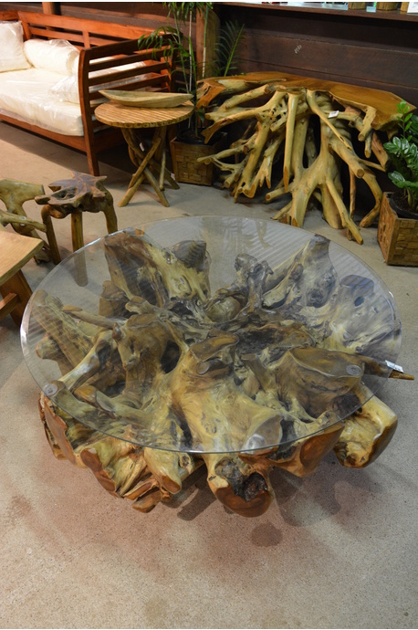 Teak root coffee table with glass top - Round 120cm  - Bleached